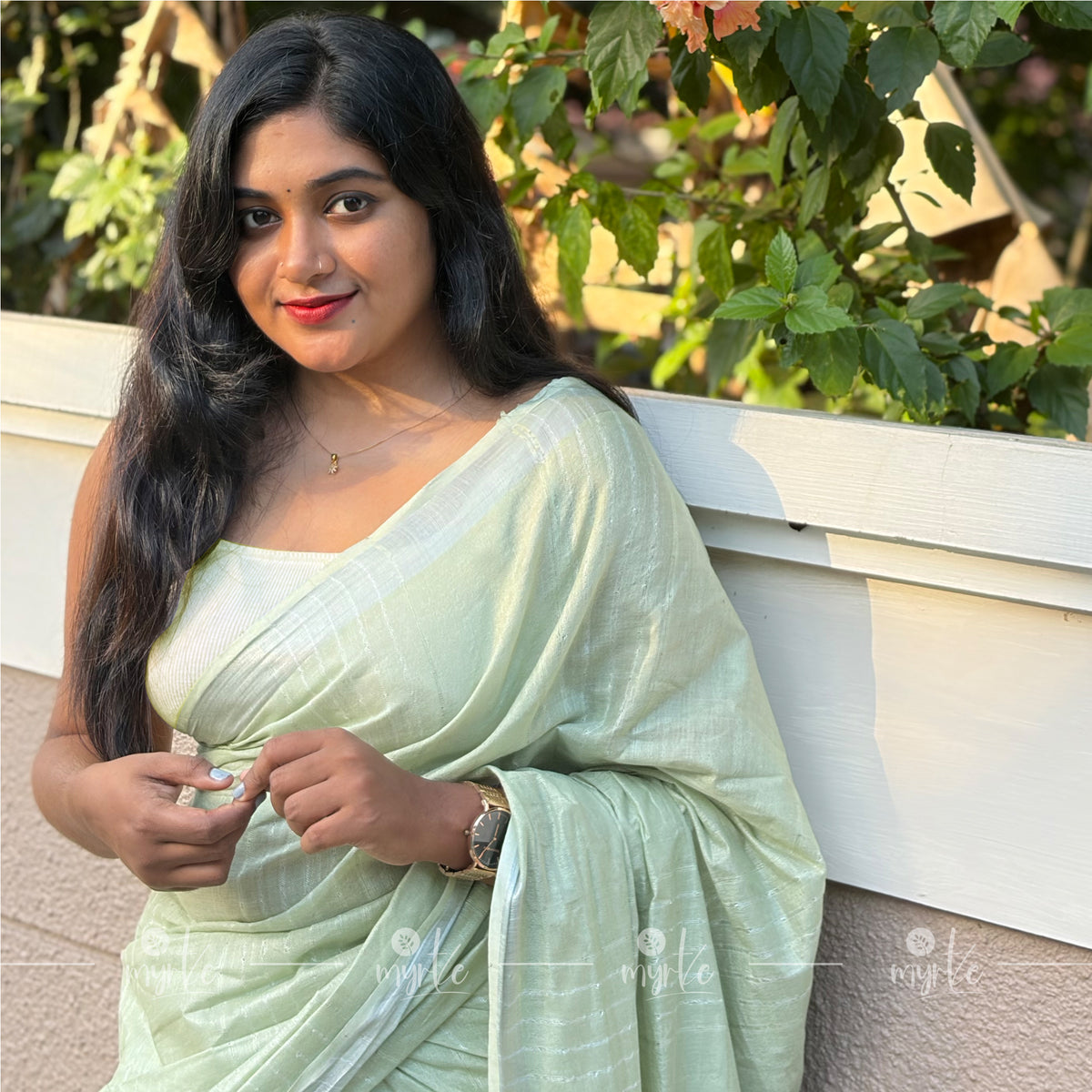 Pastel Mint Green Slub Cotton Linen Saree