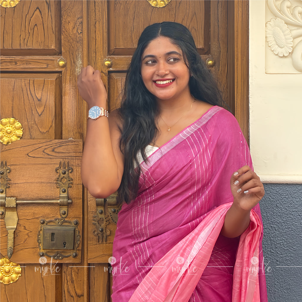 Dual-Tone Pink Slub Cotton Linen Saree