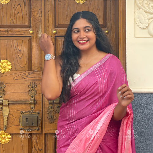 Dual-Tone Pink Slub Cotton Linen Saree