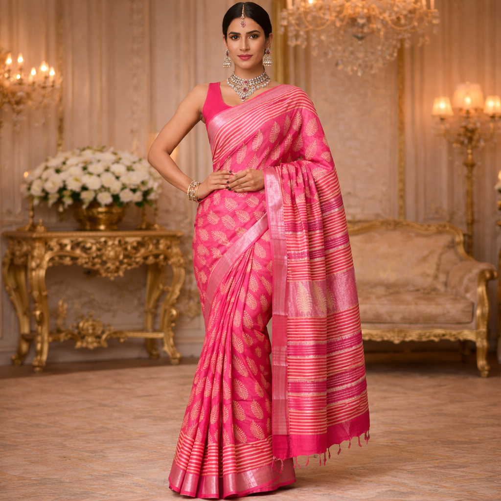 Elegant Pink Linen Saree with Zari Border