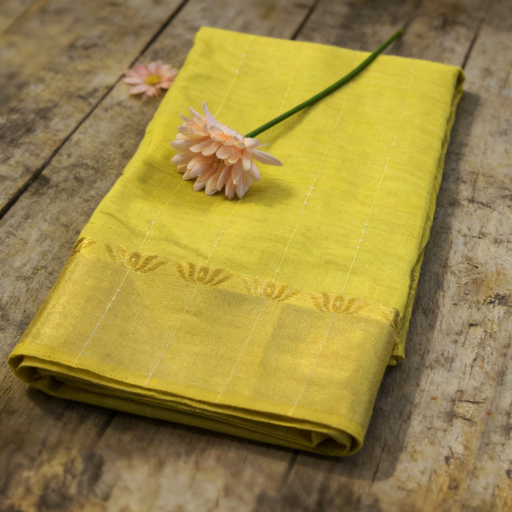 Lime Gold Cotton–Silk Blend Saree with Gold Jacquard Border
