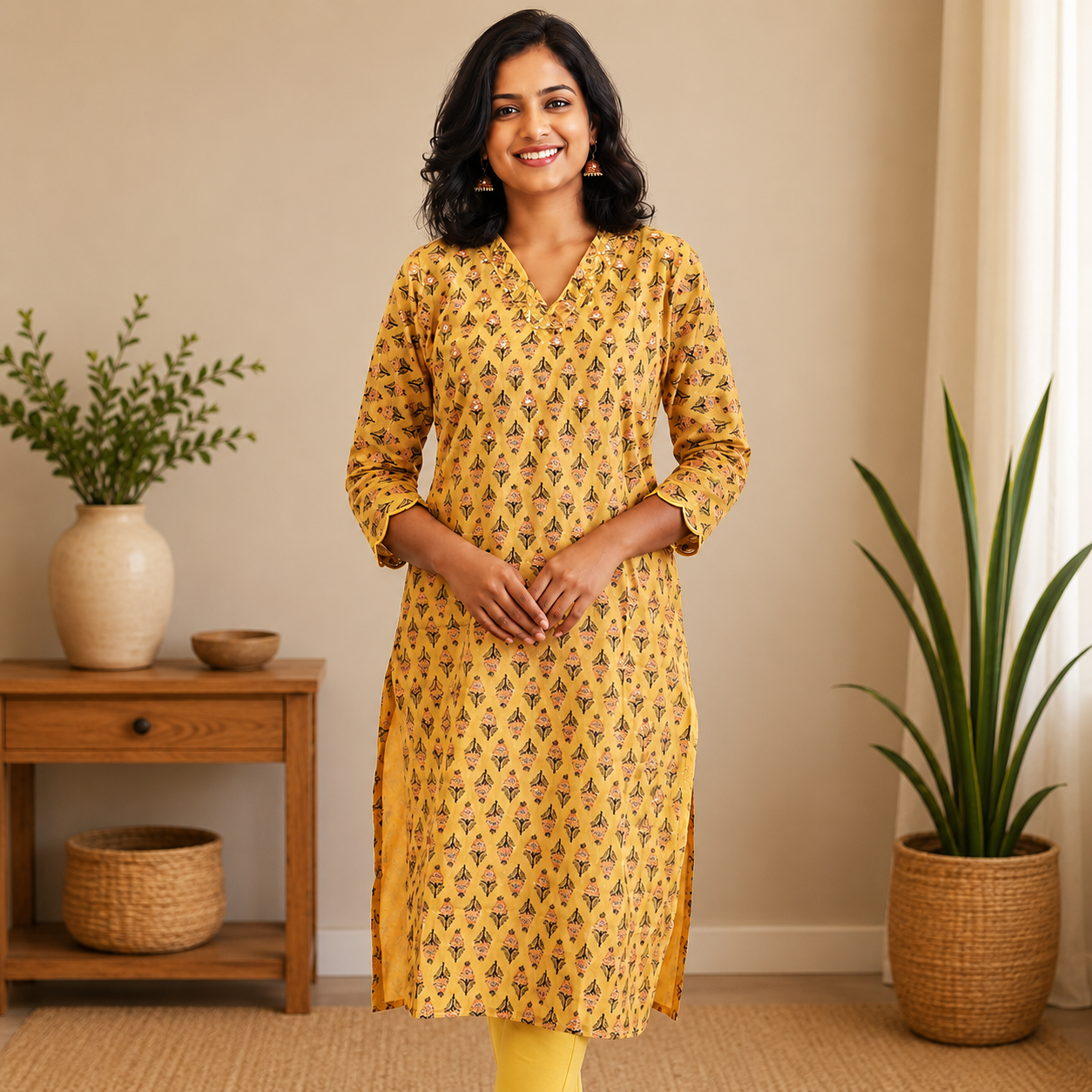 Yellow Floral Printed Cotton Kurta