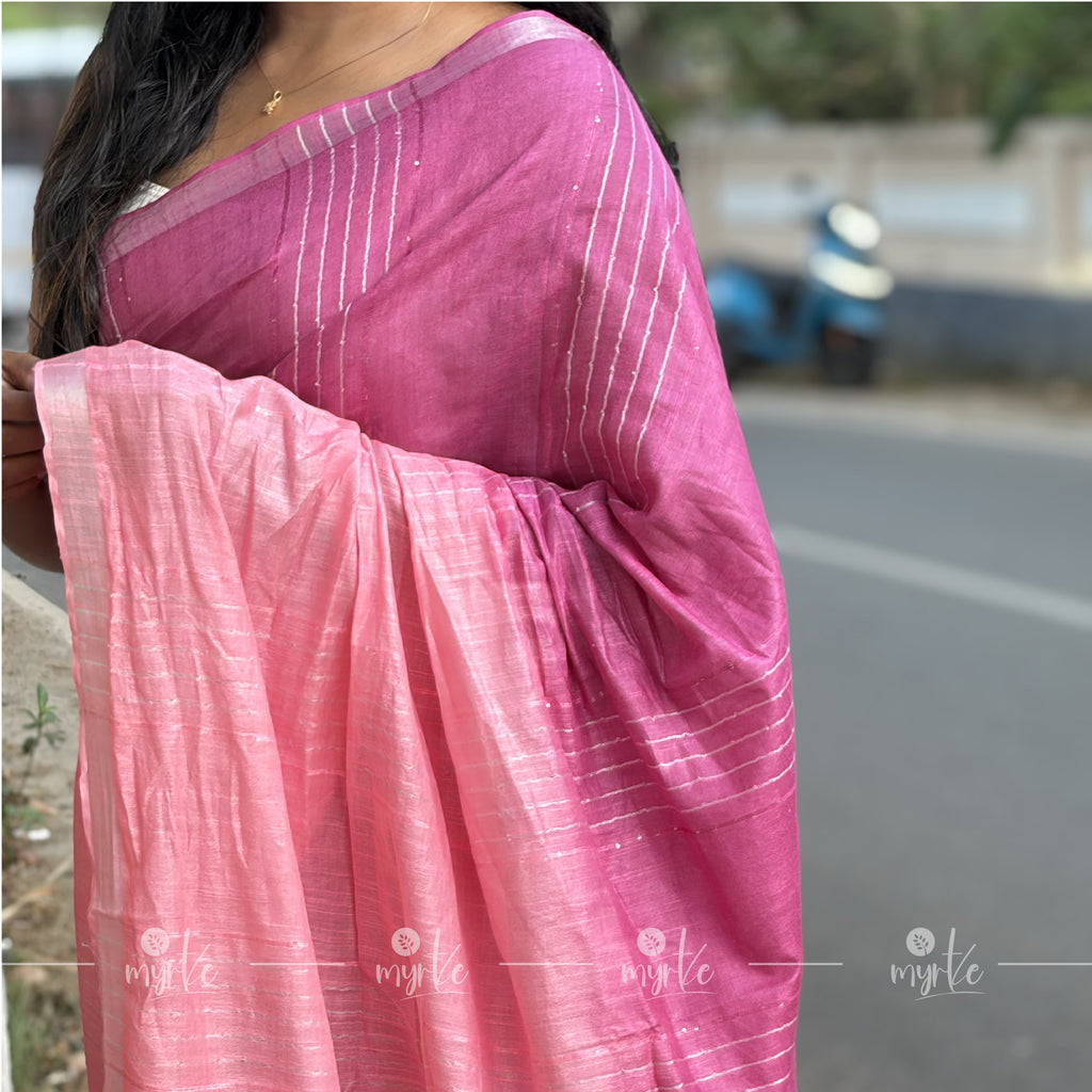 Dual-Tone Pink Slub Cotton Linen Saree