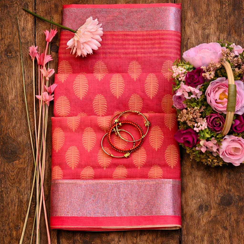Elegant Pink Linen Saree with Zari Border