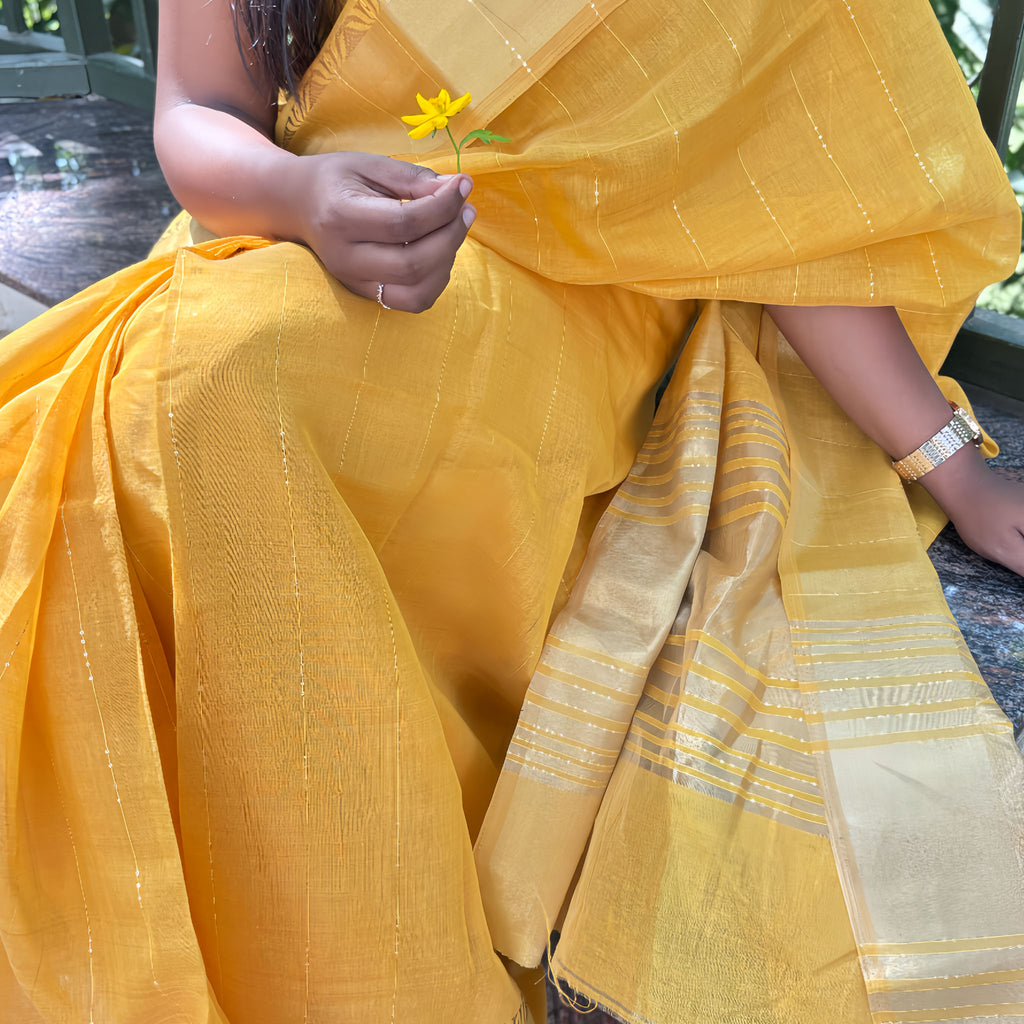 Yellow Gold Cotton–Silk Blend Saree with Gold Jacquard Border