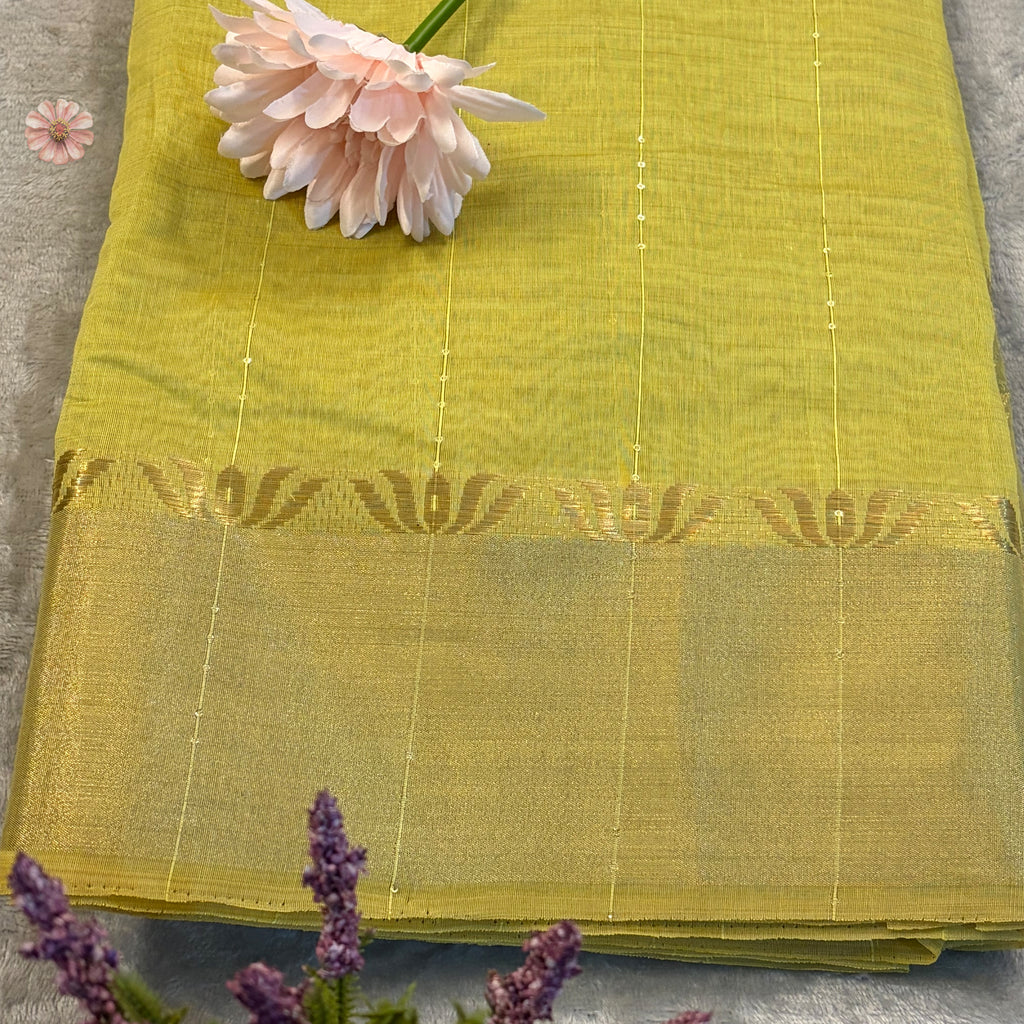 Lime Gold Cotton–Silk Blend Saree with Gold Jacquard Border