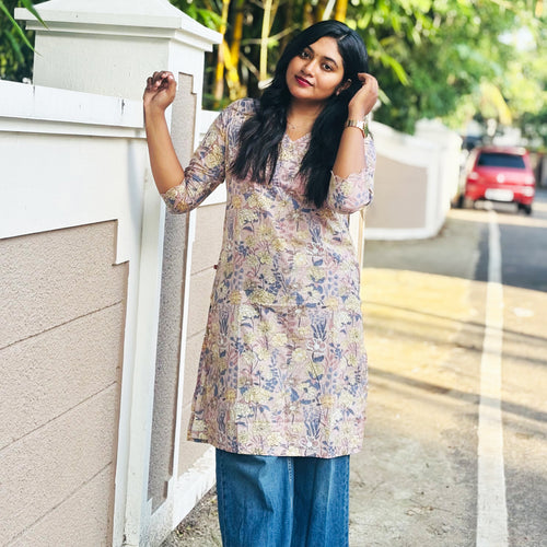 Beige Floral Printed Cotton Kurta
