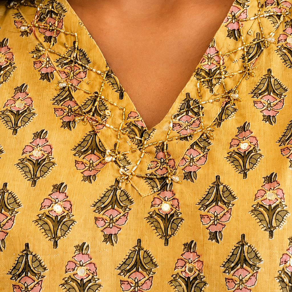 Yellow Floral Printed Cotton Kurta