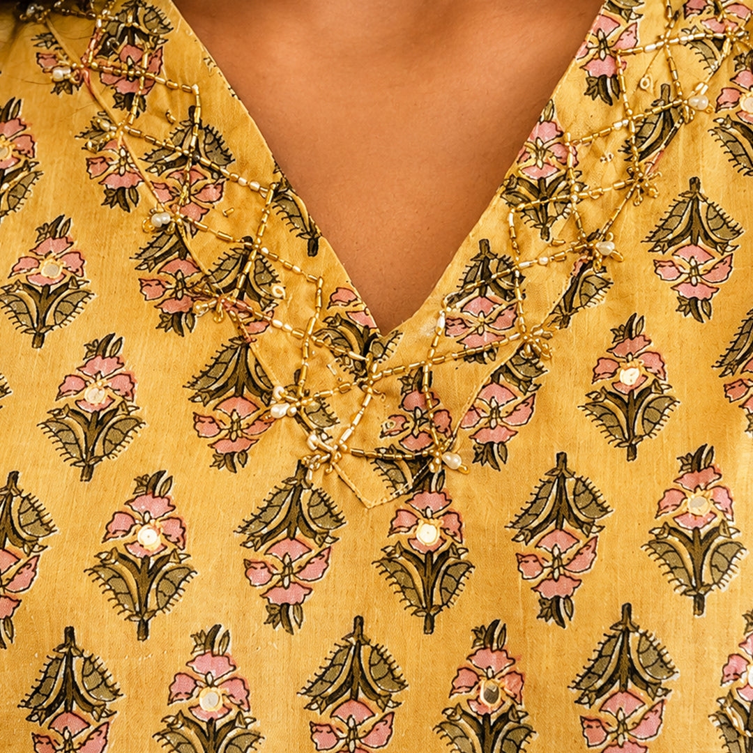 Yellow Floral Printed Cotton Kurta