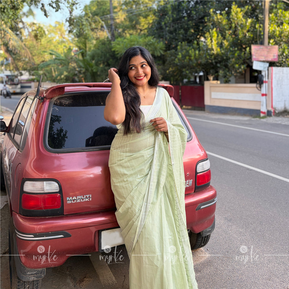 Pastel Mint Green Slub Cotton Linen Saree