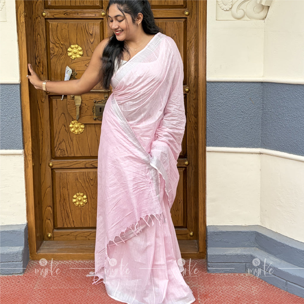 Pastel Pink Slub Cotton Linen Saree