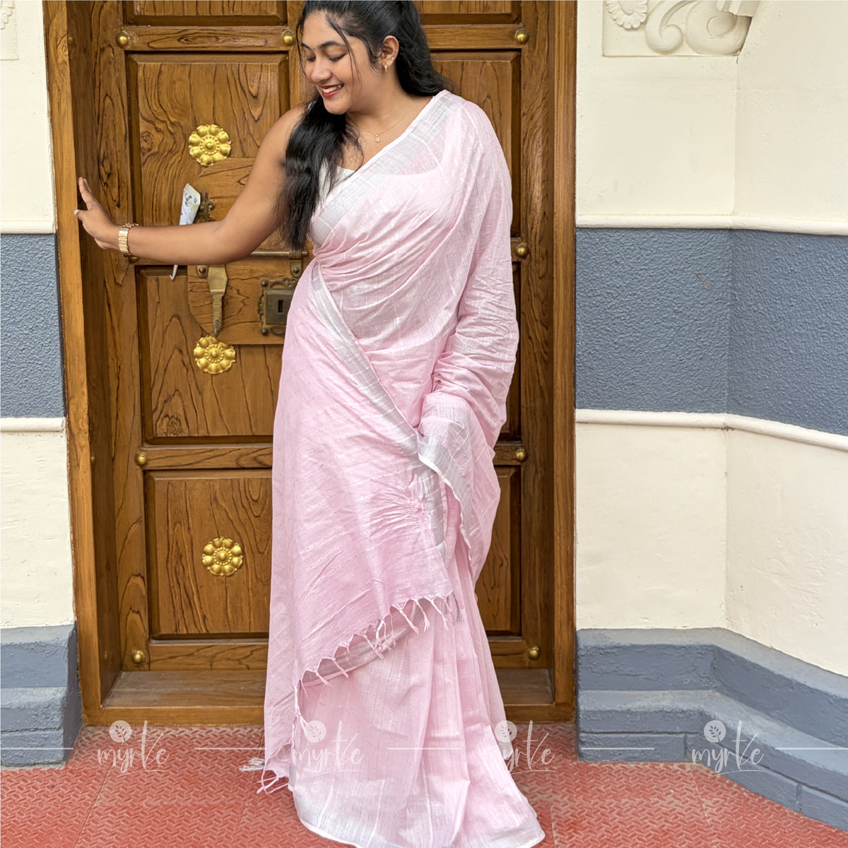 Pastel Pink Slub Cotton Linen Saree