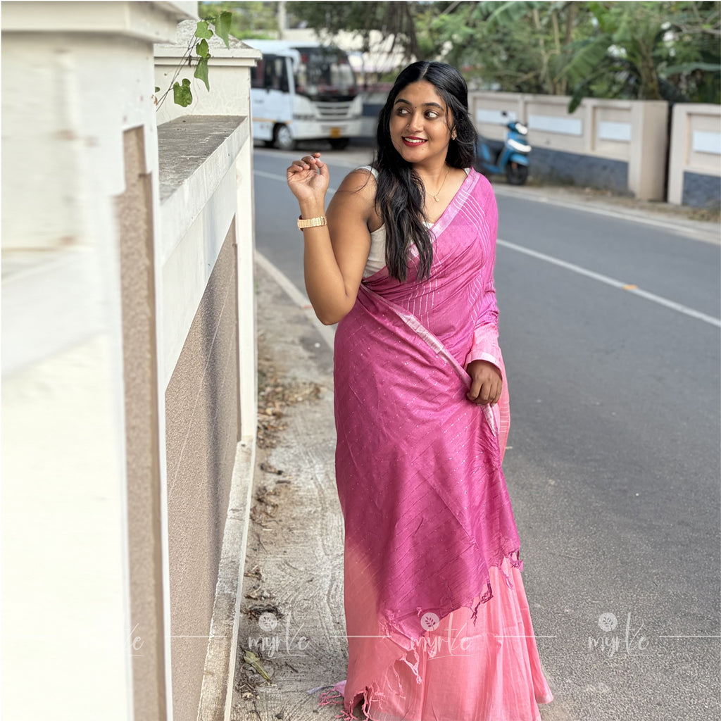 Dual-Tone Pink Slub Cotton Linen Saree