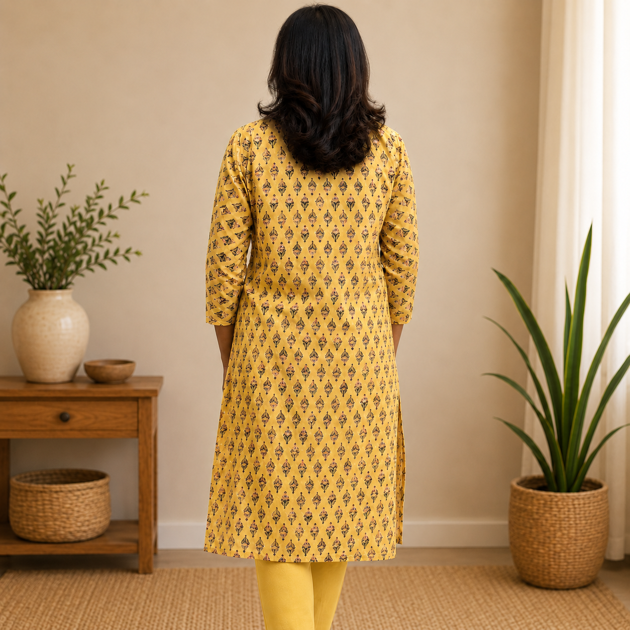 Yellow Floral Printed Cotton Kurta