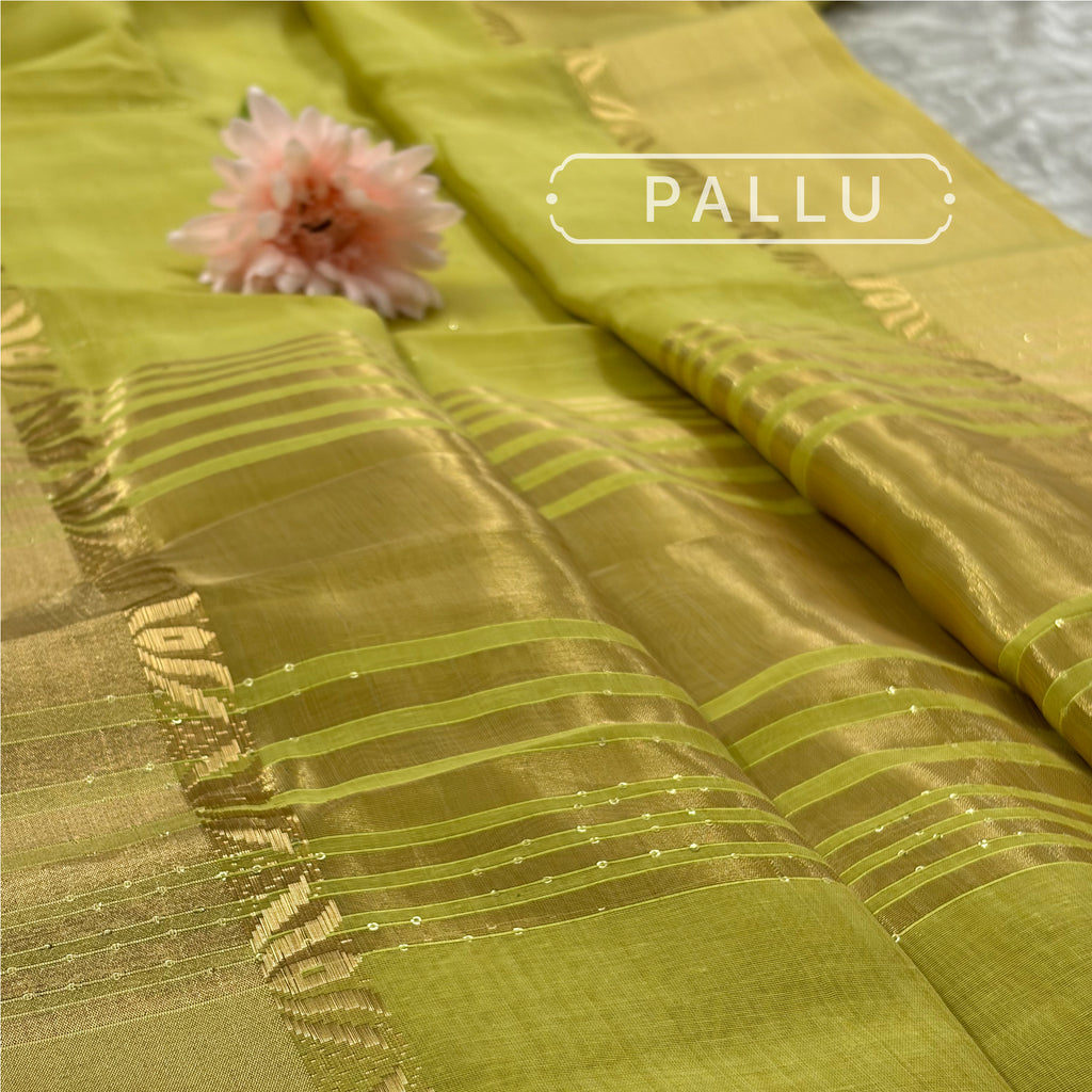 Lime Gold Cotton–Silk Blend Saree with Gold Jacquard Border