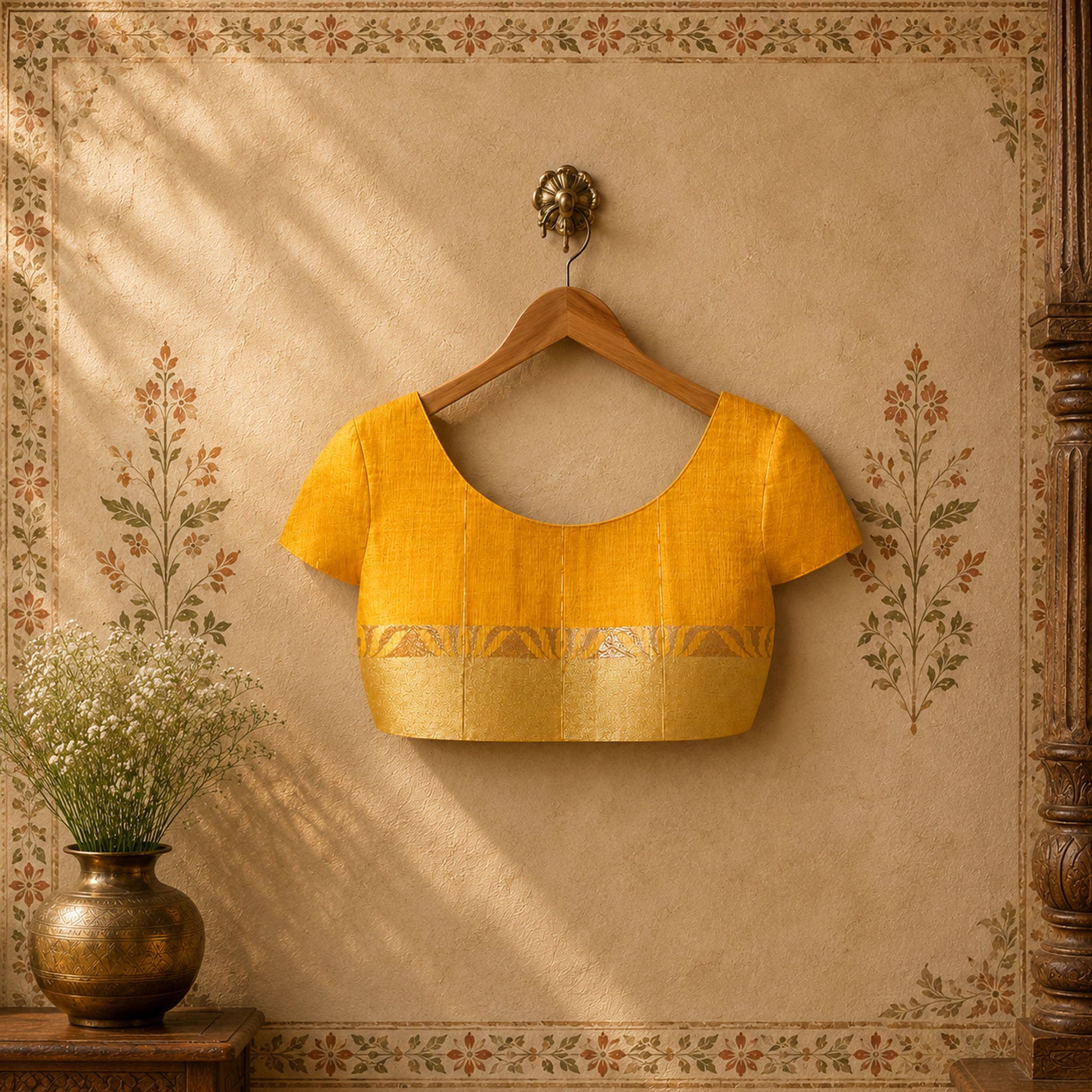 Yellow Gold Cotton–Silk Blend Saree with Gold Jacquard Border