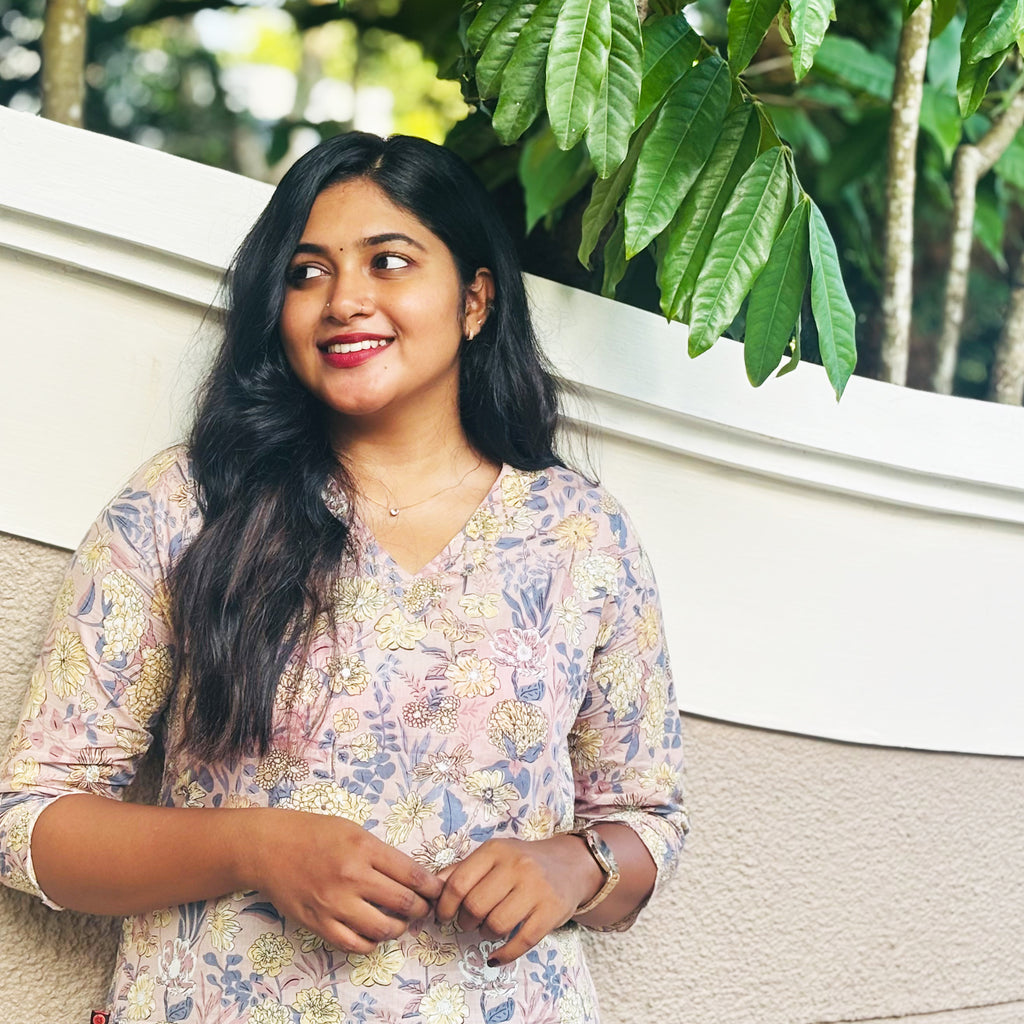 Beige Floral Printed Cotton Kurta