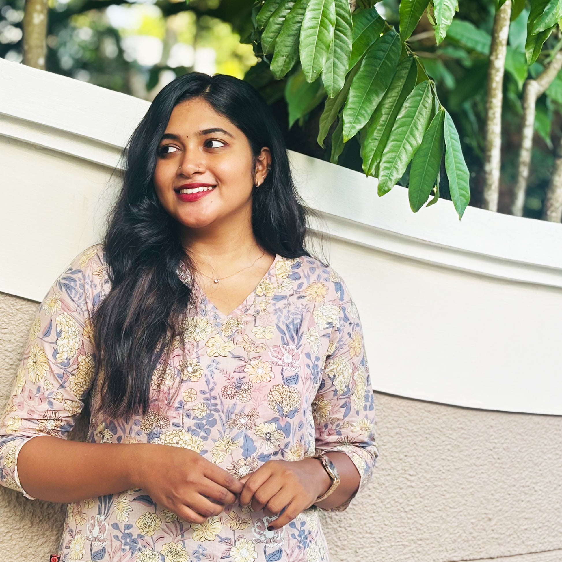 Beige Floral Printed Cotton Kurta
