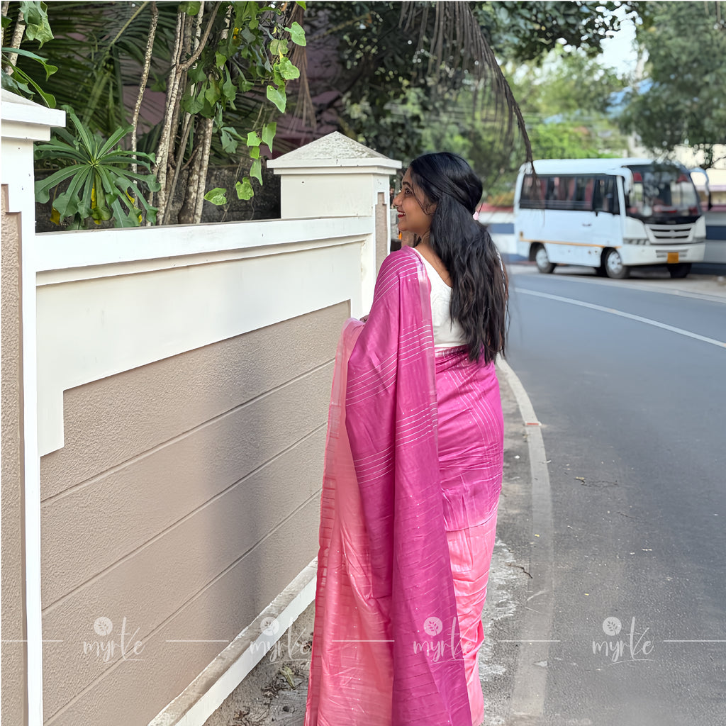 Dual-Tone Pink Slub Cotton Linen Saree