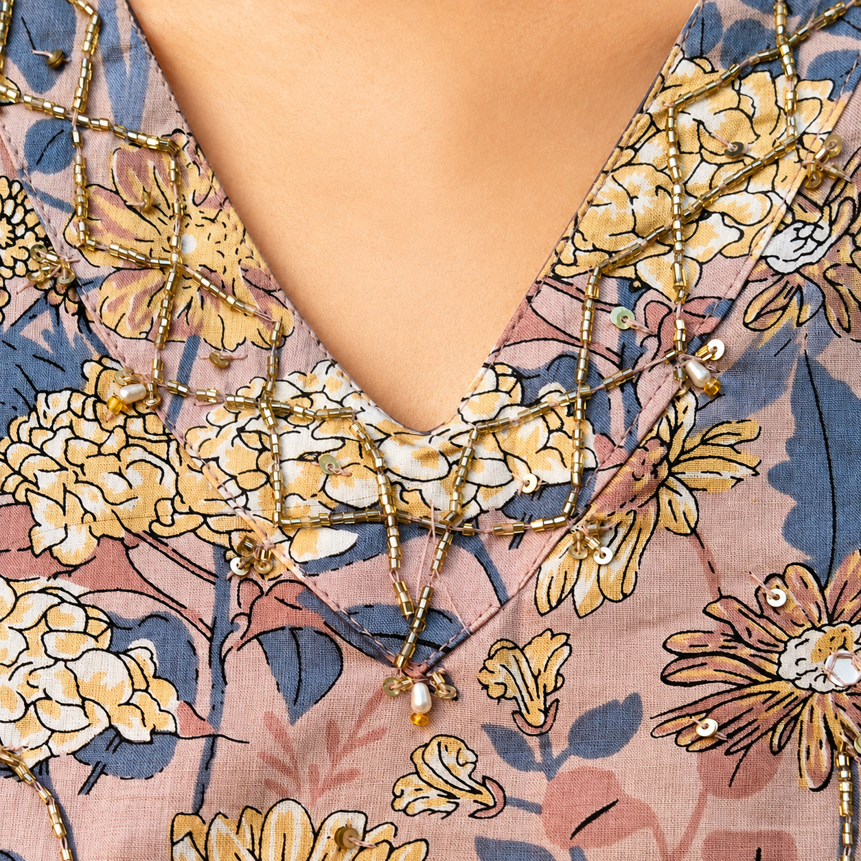 Beige Floral Printed Cotton Kurta