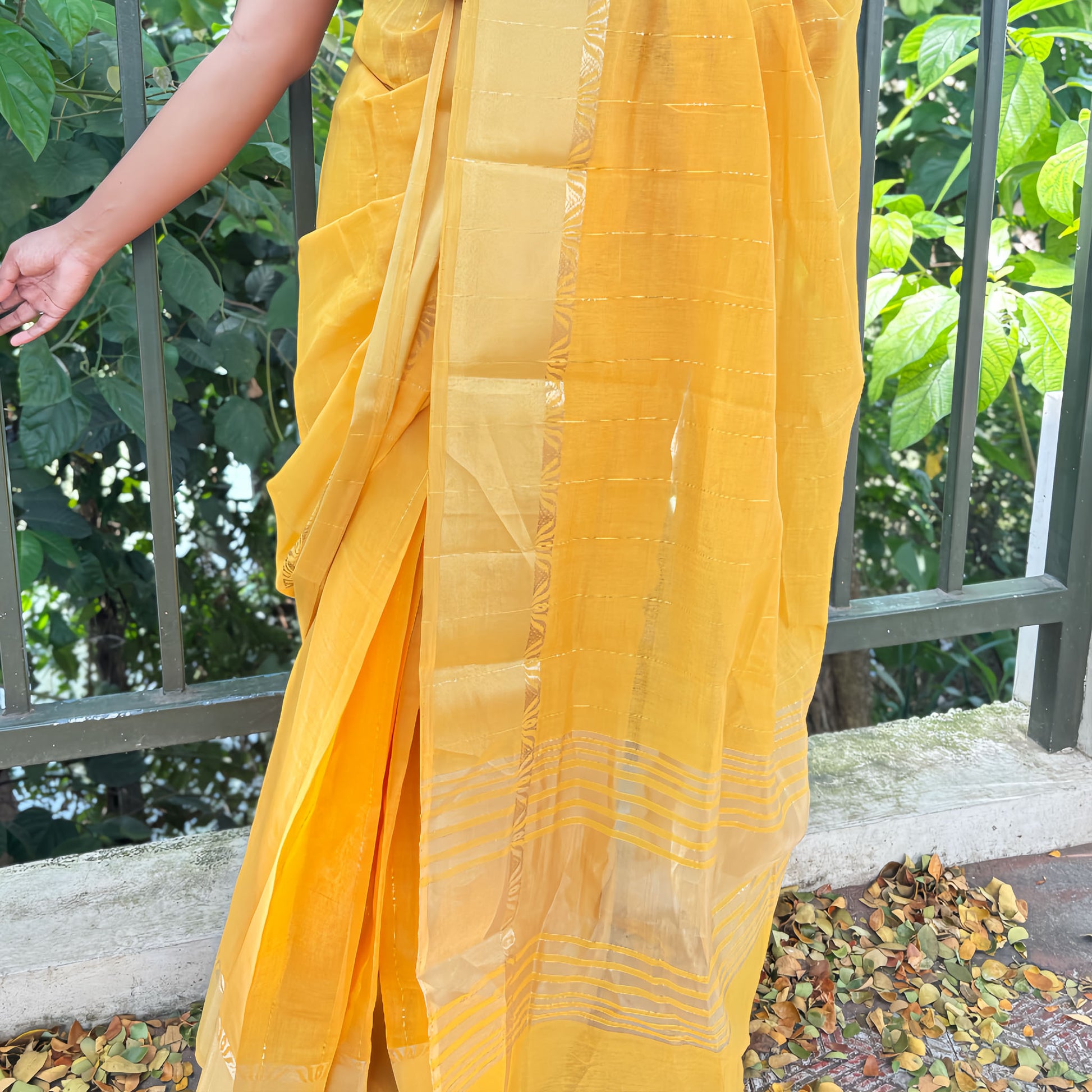 Yellow Gold Cotton–Silk Blend Saree with Gold Jacquard Border