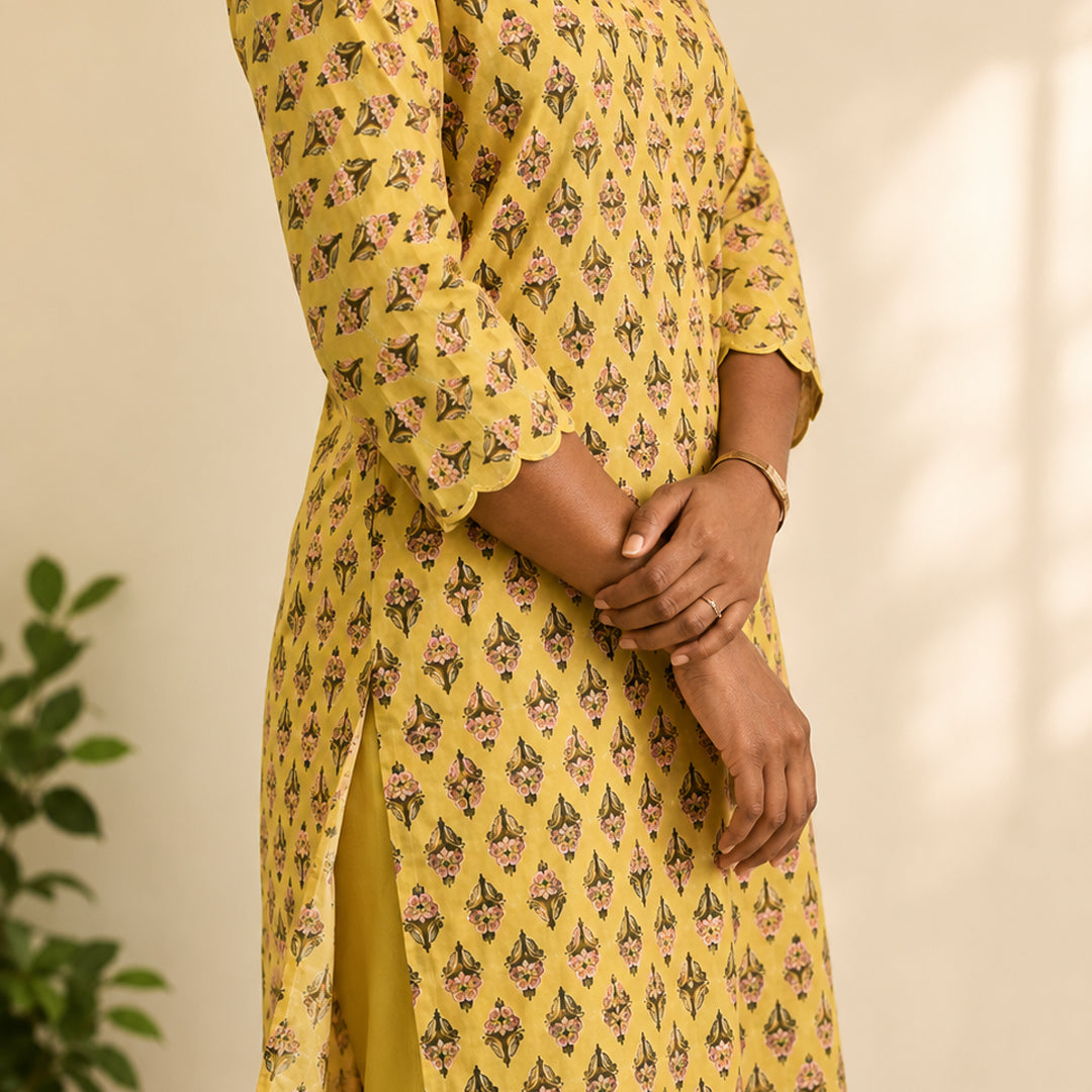 Yellow Floral Printed Cotton Kurta