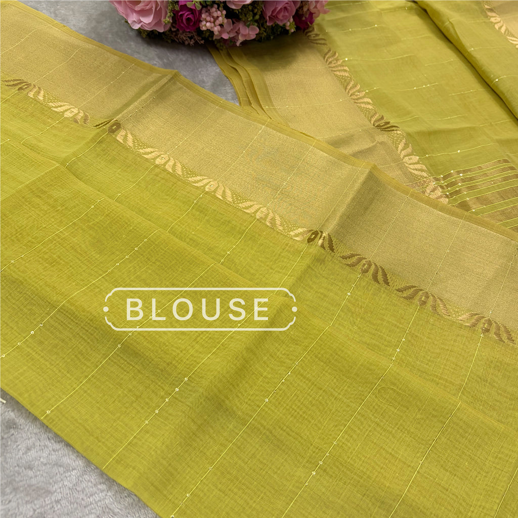 Lime Gold Cotton–Silk Blend Saree with Gold Jacquard Border