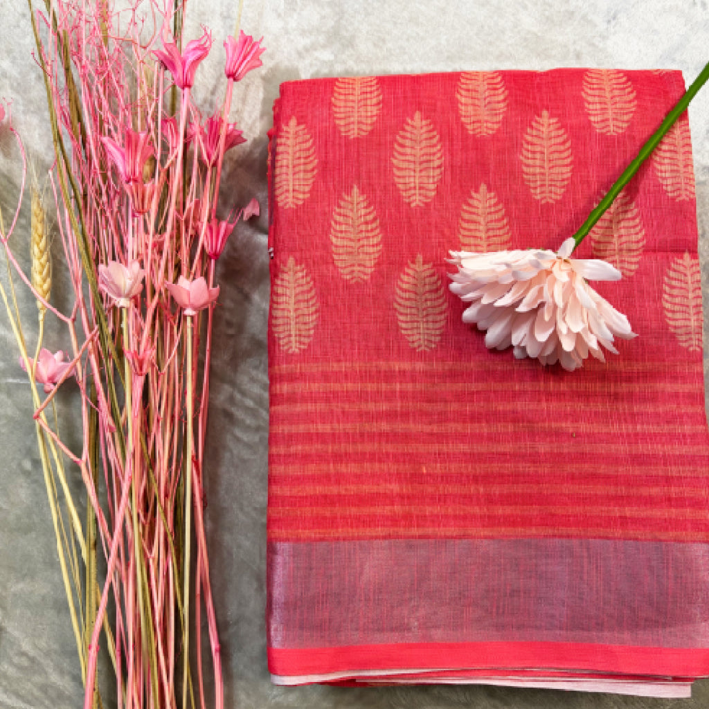 Elegant Pink Linen Saree with Zari Border