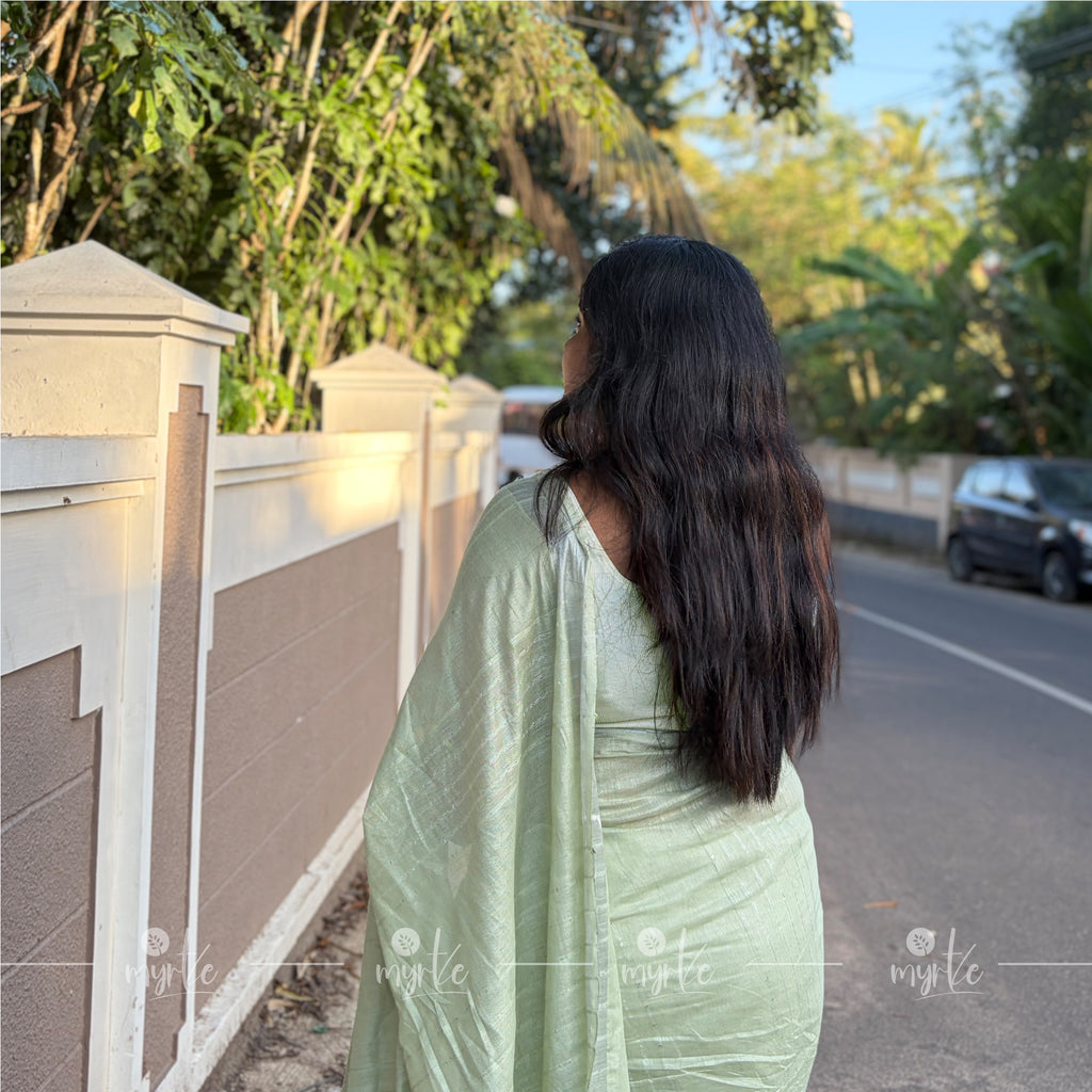 Pastel Mint Green Slub Cotton Linen Saree
