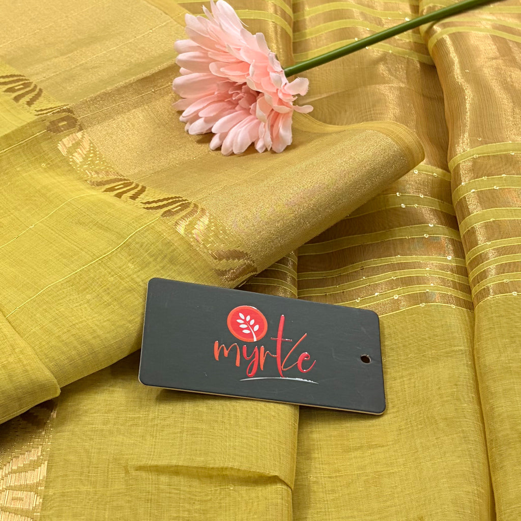 Lime Gold Cotton–Silk Blend Saree with Gold Jacquard Border