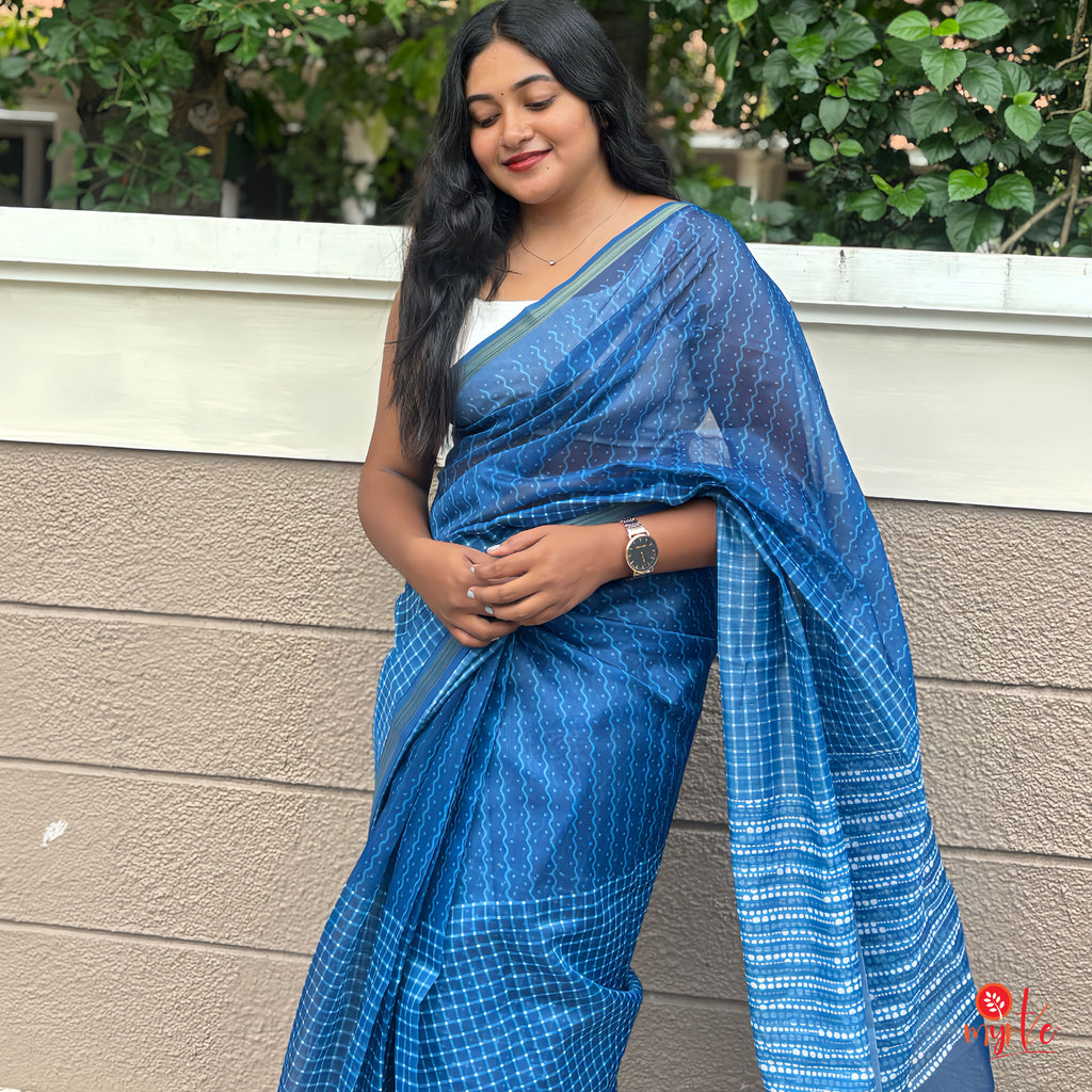 Classic Indigo Chanderi Silk Saree with Zari Border