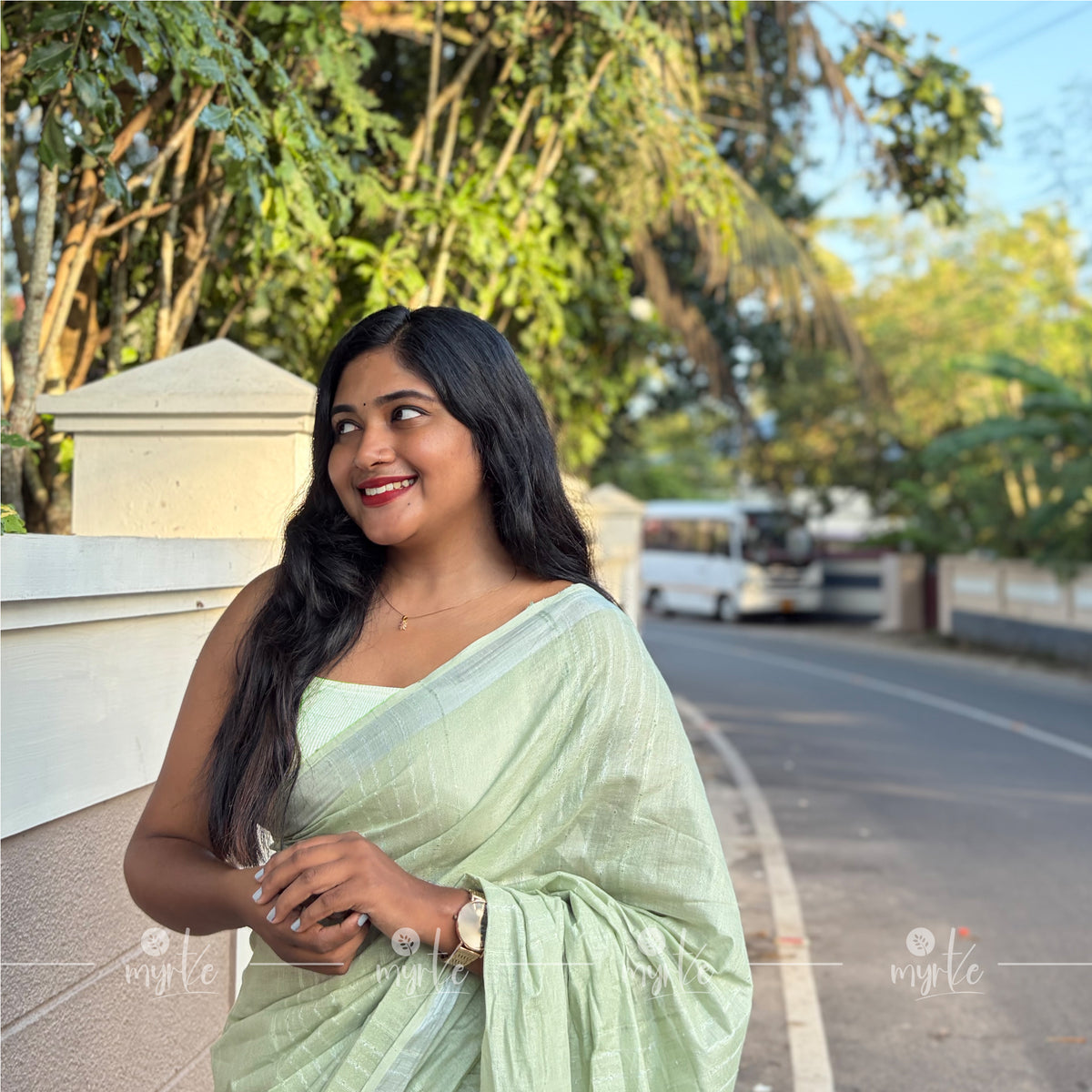 Pastel Mint Green Slub Cotton Linen Saree