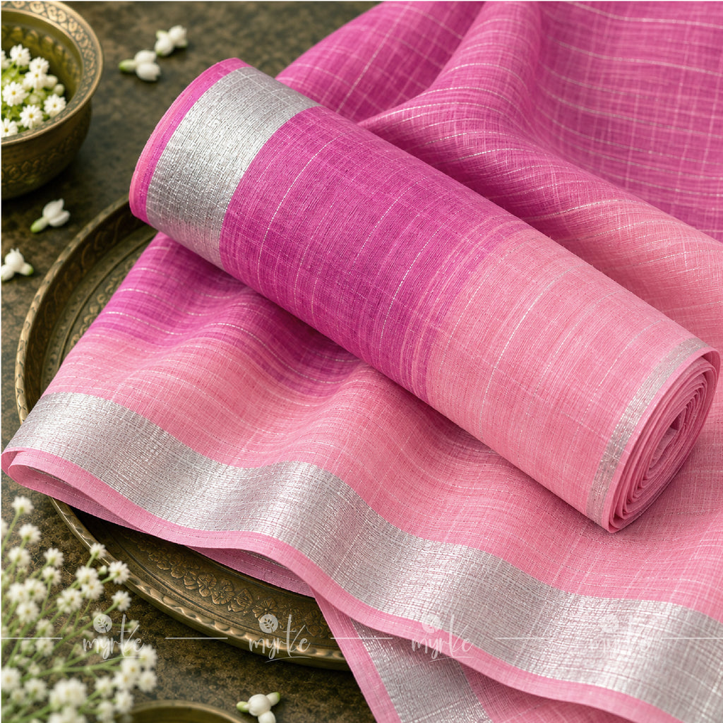 Dual-Tone Pink Slub Cotton Linen Saree