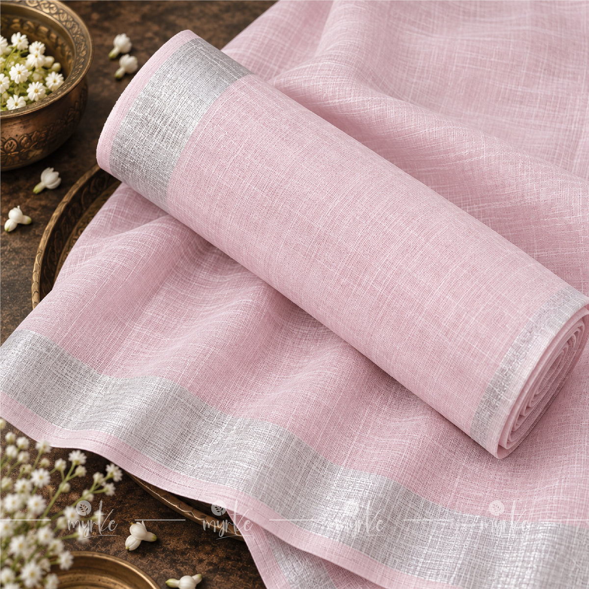 Pastel Pink Slub Cotton Linen Saree