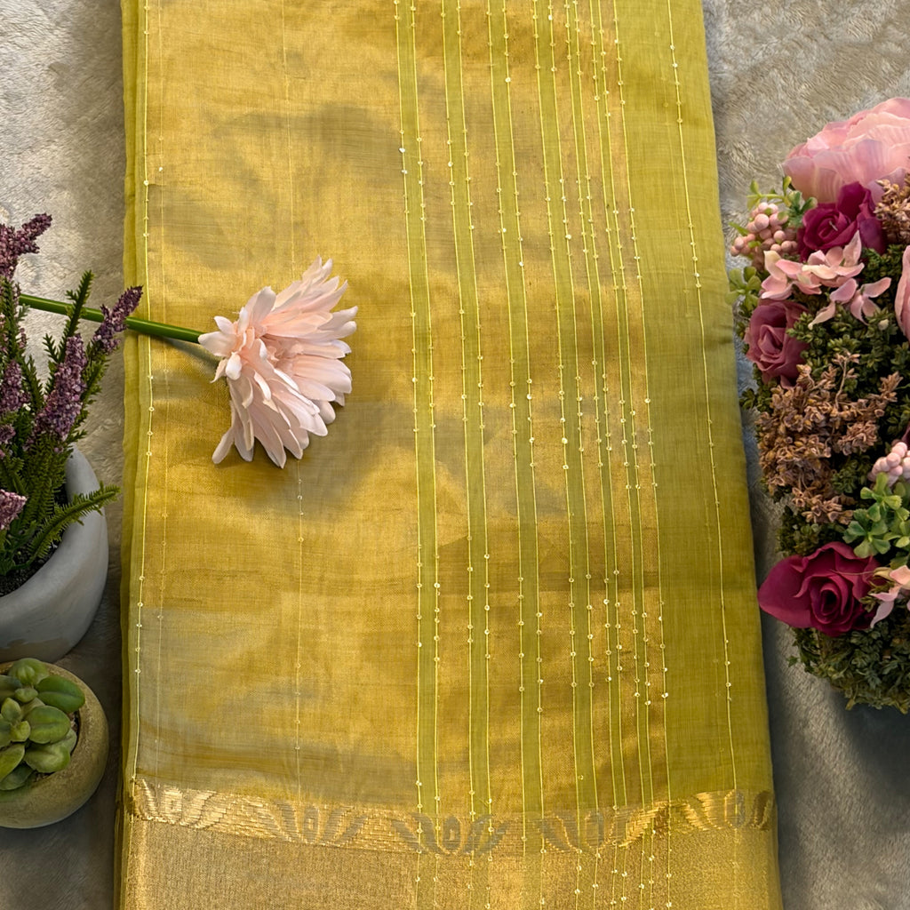 Lime Gold Cotton–Silk Blend Saree with Gold Jacquard Border