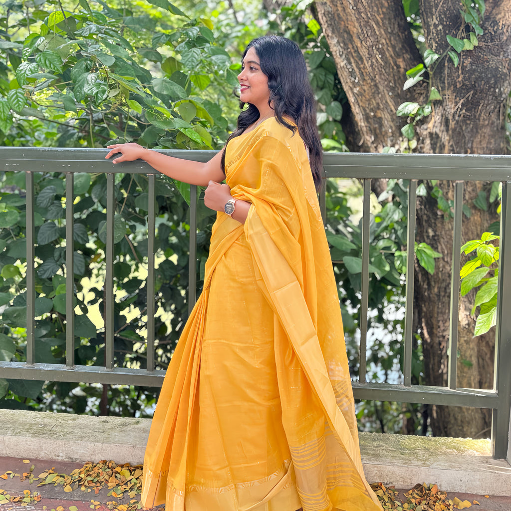 Yellow Gold Cotton–Silk Blend Saree with Gold Jacquard Border