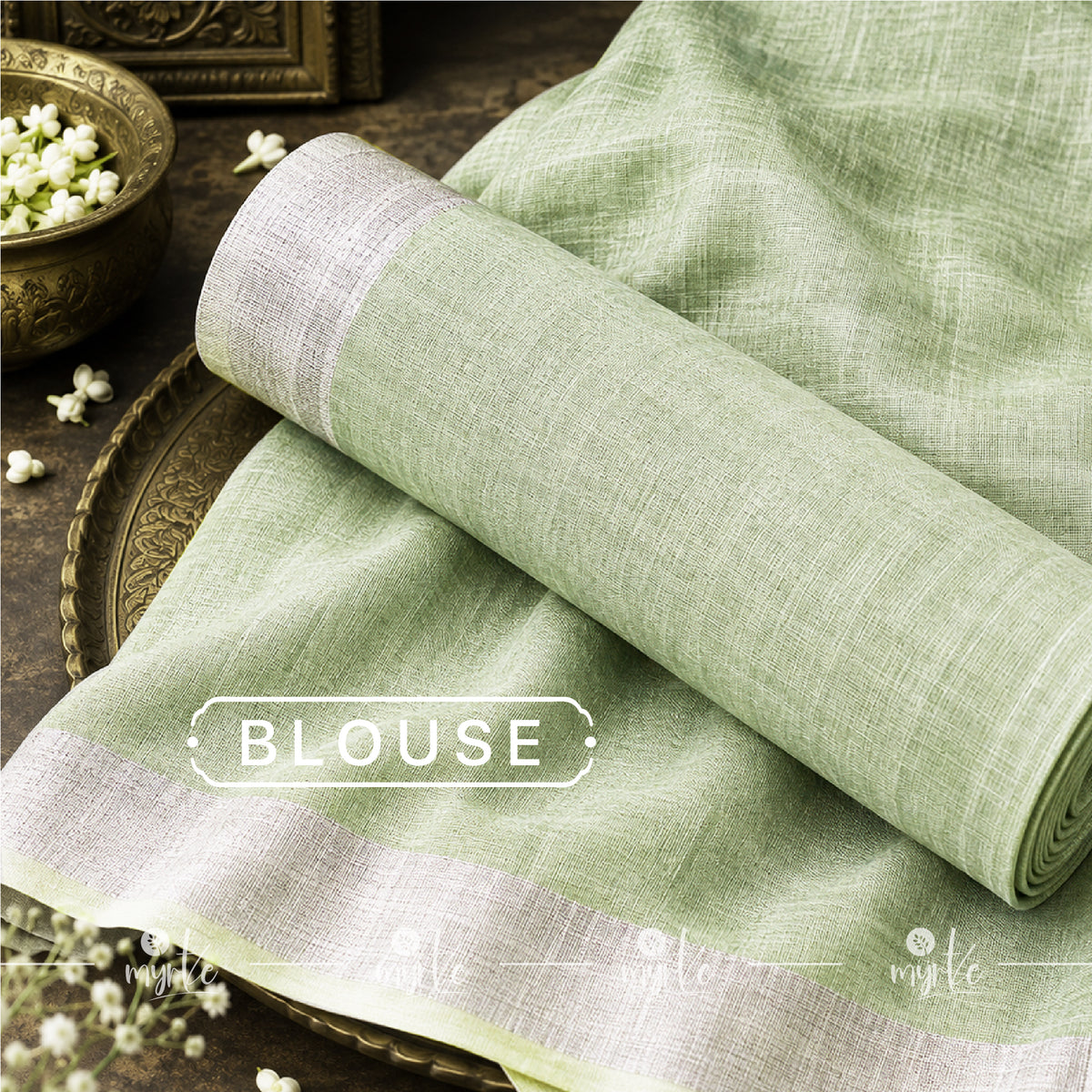 Pastel Mint Green Slub Cotton Linen Saree