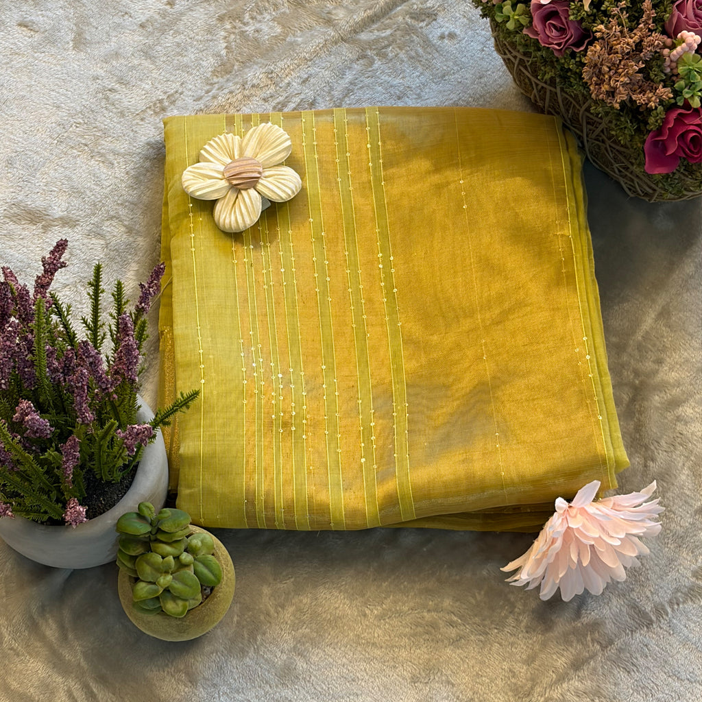 Lime Gold Cotton–Silk Blend Saree with Gold Jacquard Border