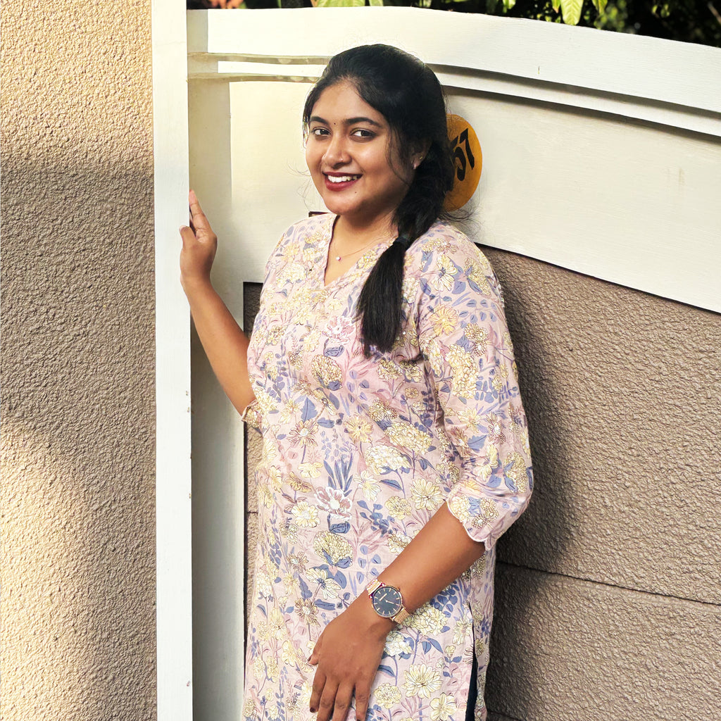Beige Floral Printed Cotton Kurta